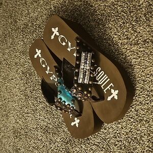 Gypsy Soule Wedge Platform Flip Flops Sandals Swarovski Crystal Bling Size 9